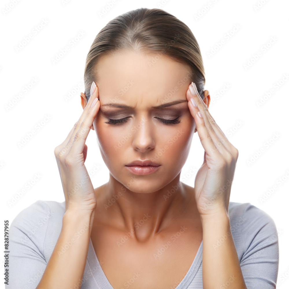 Woman with Headache – Touching Temples: Portrait of a woman pressing her temples, eyes closed in pain, isolated on a white background.
Woman with Headache – Touching Temples: Portrait of a woman pressing her temples, eyes closed in pain, isolated on a white background.