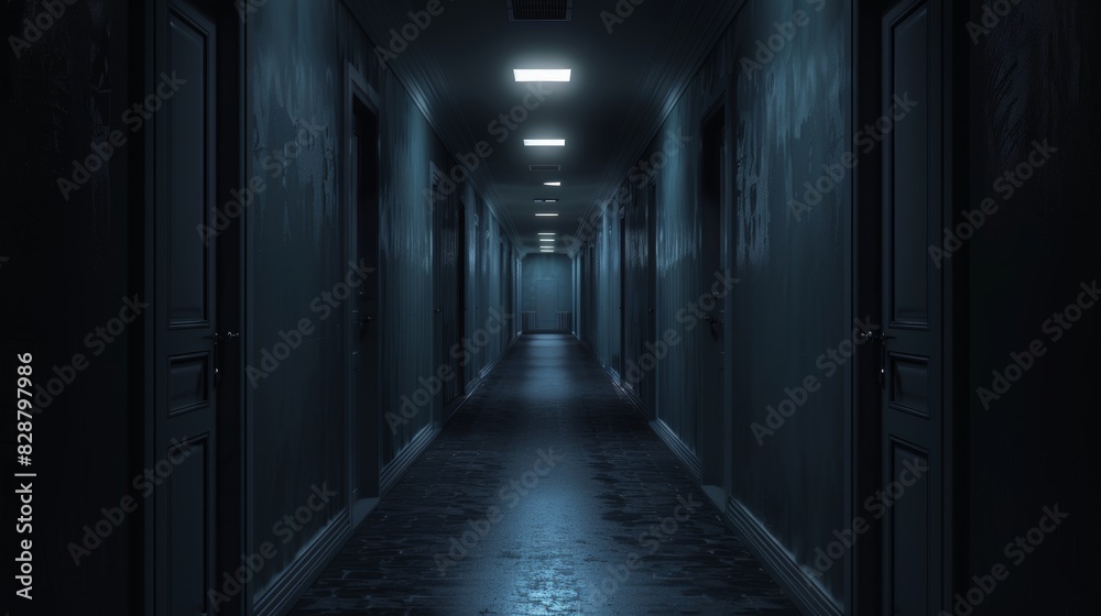 Mystery and Fear - Dark, Empty Hallway with Slowly Opening Doors, Nightmare Concept for Horror Design