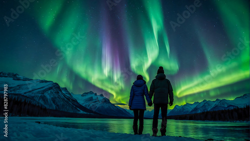 Silhouette of a loving couple holding hands by a calm lake with the beautiful northern lights dancing in the evening sky © The A.I Studio