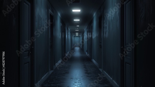 Mystery and Fear - Dark, Empty Hallway with Slowly Opening Doors, Nightmare Concept for Horror Design