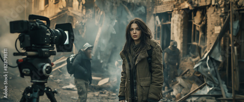 A woman reporter in a khaki jacket stands in front of a camera amidst a war-torn urban landscape, with debris and ruined buildings in the background.