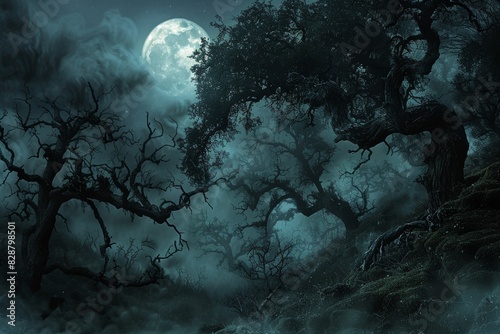 Hauntingly Dark Forest Under Moonlit Sky Shrouded in Eerie Mist and Gnarled Trees