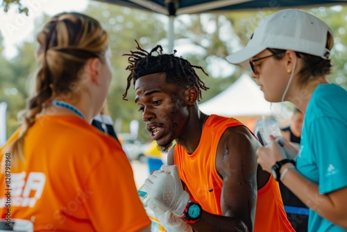 Marathon Runner Receiving Medical Aid at Hydration Station with Volunteers Assisting