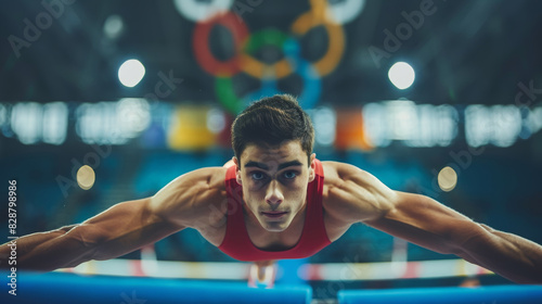 Olympic Gymnastics Pommel Horse Routine Banner with Focused Gymnast and Prominent Olympic Rings Background