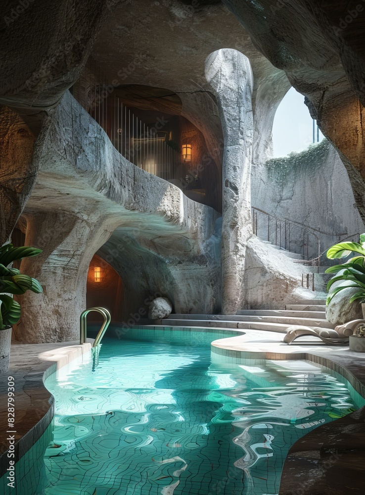 Modern Swimming Pool in a Rocky Cave