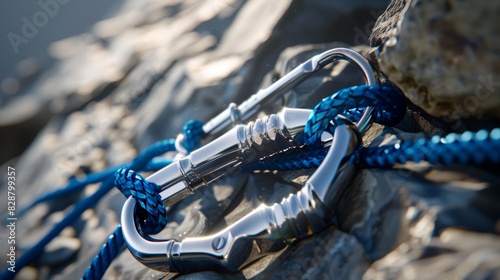 Mountain, rock climbing, and rope and hook for outdoor adventure, independence, and extreme sports. Hiking, fitness, carabiners, stone training, activity, or challenge gear