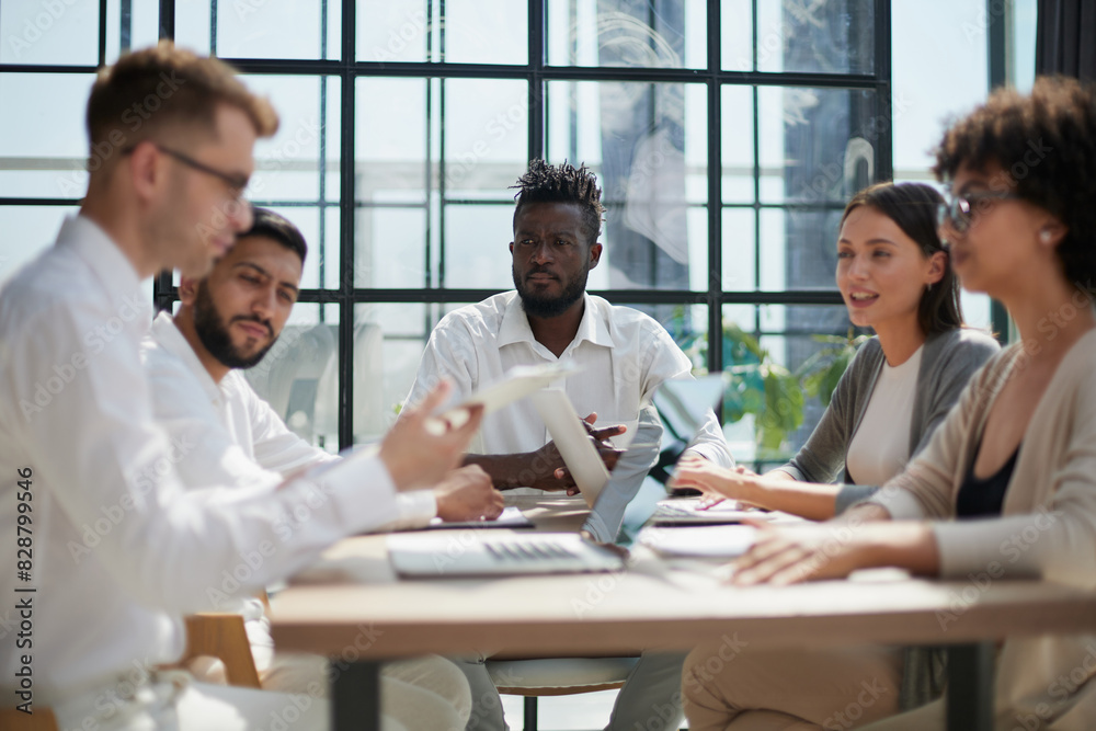Fototapeta premium Employees working at computer together, discussing content
