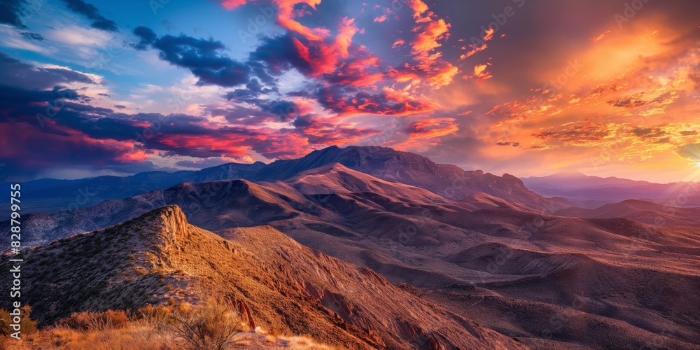 Fototapeta premium Breathtaking sunset casting vivid colors over a rugged mountainous landscape