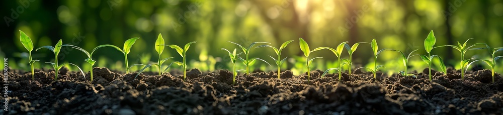 Photograph of Oats seedlings growing in the soil, background with blurred forest, panoramic view, macro photography in the style of forest. Photograph of Oats seedlings growing in the soil, background with blurred forest, panoramic view, macro photography in the style of forest.