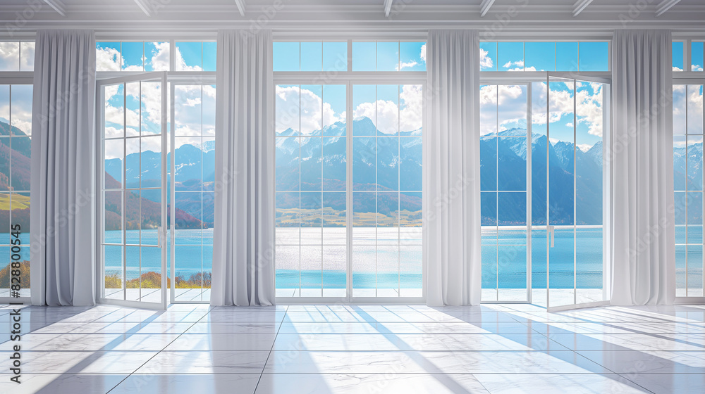 Fototapeta premium Large empty room with large floor-to-ceiling windows, view of the mountains from the window