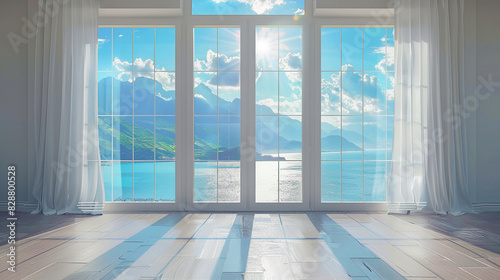 Large empty room with large floor-to-ceiling windows, view of the mountains from the window