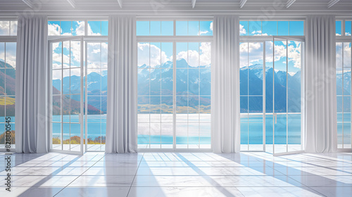 Large empty room with large floor-to-ceiling windows  view of the mountains from the window
