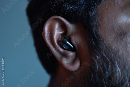Medical support, listening, and healthcare tech closeup of hearing aid, ear, and disabled man from behind. Face and audiology implant for deaf patient's loudness, vibration, or sound waves photo