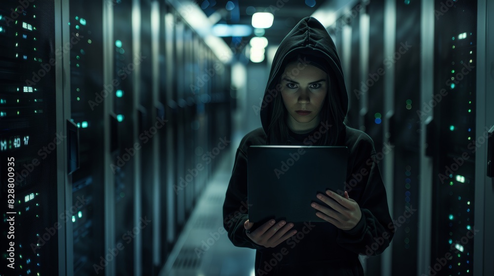 Server, hacker, and database with lady coding, software, and cyber ...