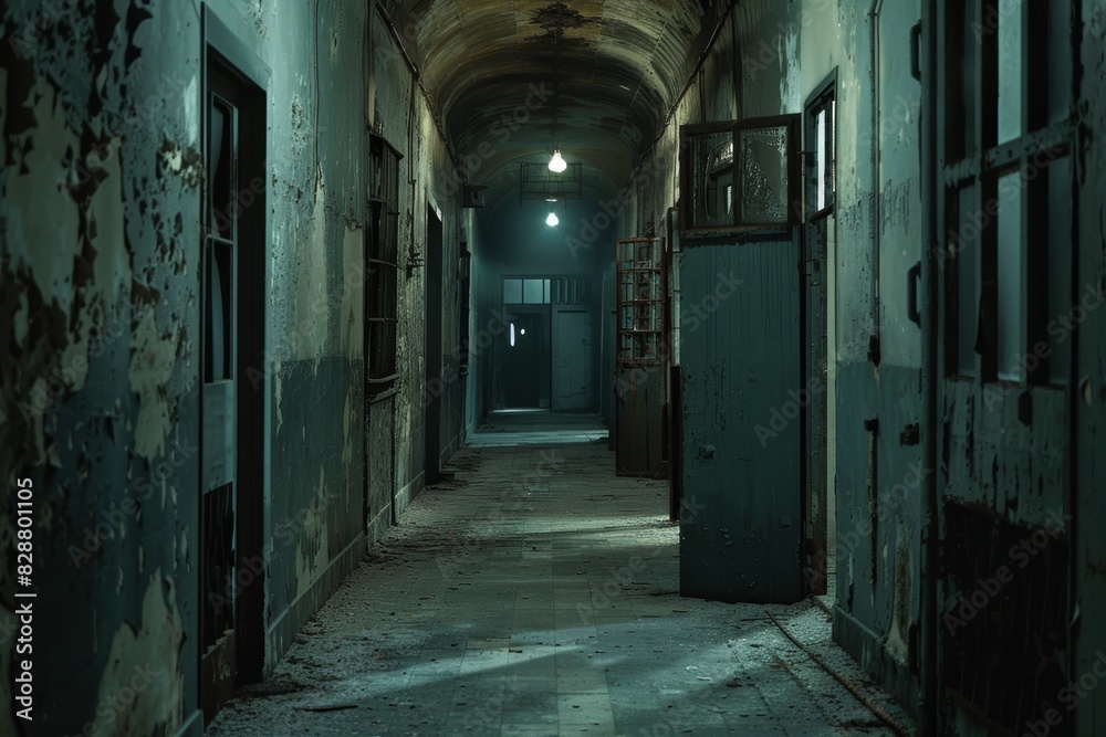 Nightmare Theme: Spine-Chilling Hallway of a Dilapidated Asylum with Flickering Lights and Creaking Doors for Halloween Designs