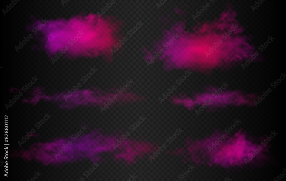 Set of six purple, pink and violet gradient futuristic colorful smoke clouds. Vector realistic magic color vibrant haze isolated on the semi transparent dark background. Set of six purple, pink and violet gradient futuristic colorful smoke clouds. Vector realistic magic color vibrant haze isolated on the semi transparent dark background.