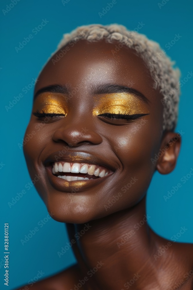 Beauty jokes, innovative aesthetics, and face cosmetics comedy make makeup picture, eyeliner, and black women giggle. Closeup face or African laughing on blue background in skincare studio. Beauty jokes, innovative aesthetics, and face cosmetics comedy make makeup picture, eyeliner, and black women giggle. Closeup face or African laughing on blue background in skincare studio.