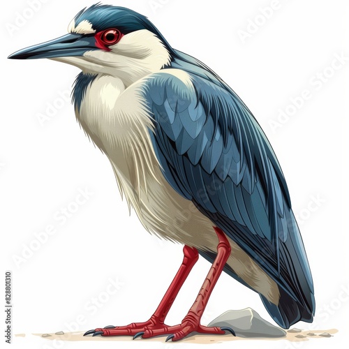 A detailed black-crowned night heron illustration showcases the bird wading in shallow waters, with reeds and lily pads adding to the tranquil scene. photo