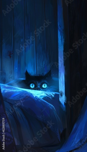 Glowing Eyes Under Bed - Ominous, Nightmare, Dark Illustration for Halloween Posters and Decorations photo
