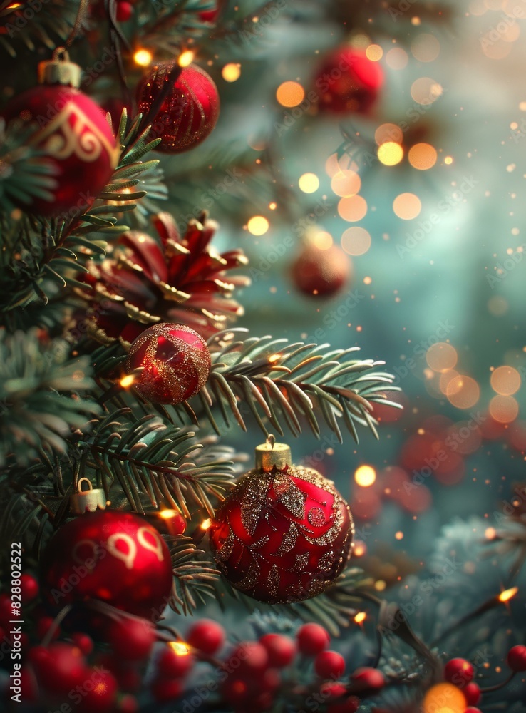 Festive Christmas Tree Adorned with Red and Gold Ornaments Festive Christmas Tree Adorned with Red and Gold Ornaments