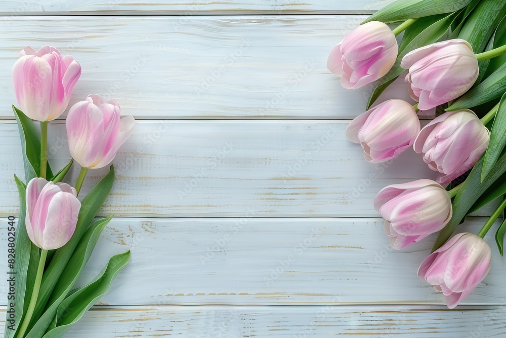 Spring flat lay with pink tulips on rustic background. Spring flat lay with pink tulips on rustic background.