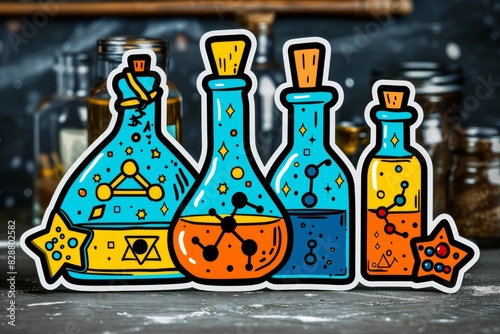 Colorful illustration of various potion bottles in a mystical and vibrant setting, depicting the art of alchemy