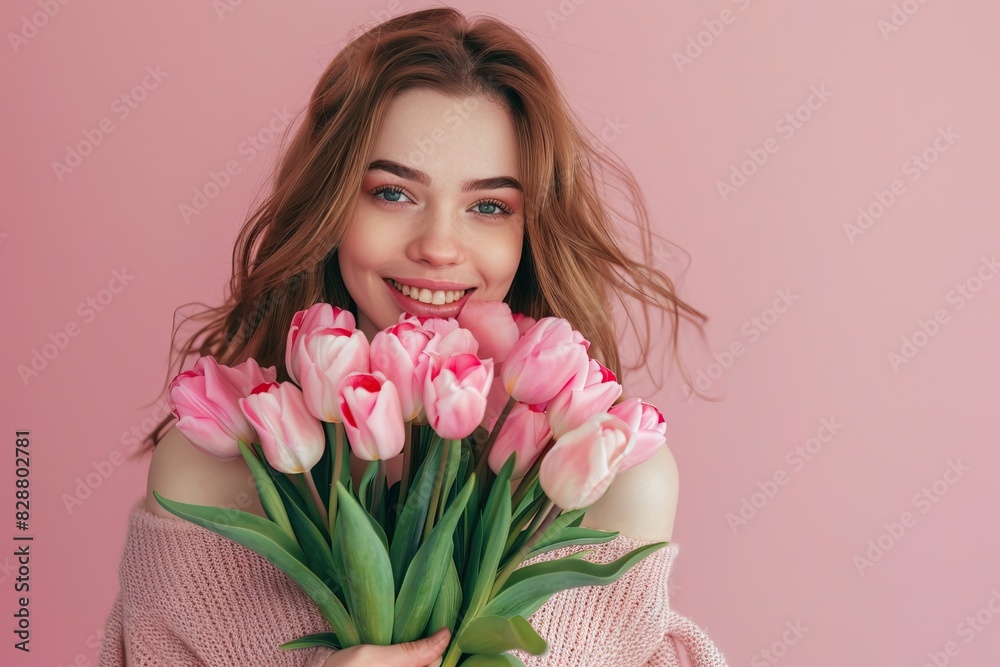 Woman celebrating International Womens Day with pink tulip bouquet.