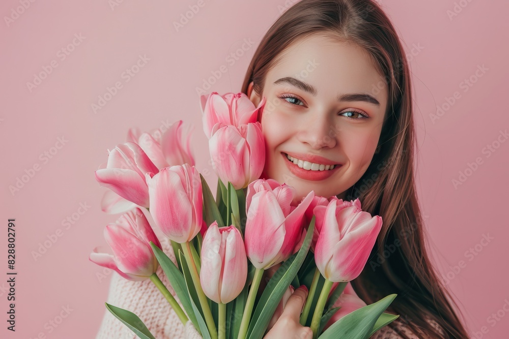 Woman celebrating International Womens Day with pink tulip bouquet.