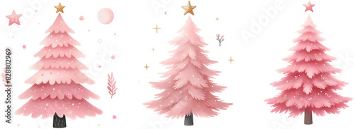 Watercolor pink Christmas tree clipart transparent background and gold star