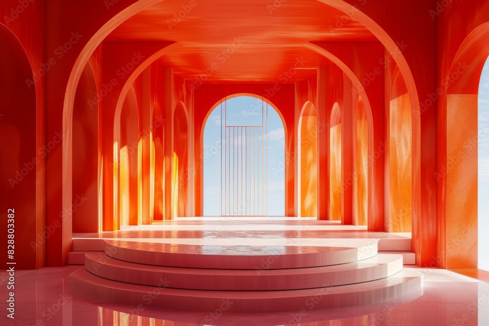 Modern Red Arched Hallway with Geometrical Patterns Modern Red Arched Hallway with Geometrical Patterns