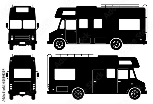 RV motorhome silhouette on white background. Vehicle icons set view from side, front and back.