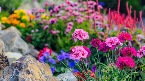 Flowers in garden. Summer or spring blooming. Rock garden design