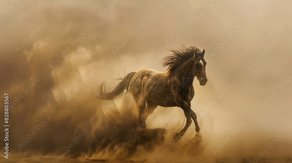 Through the haze of a swirling dust storm, a wild horse charges forward with unwavering determination Through the haze of a swirling dust storm, a wild horse charges forward with unwavering determination