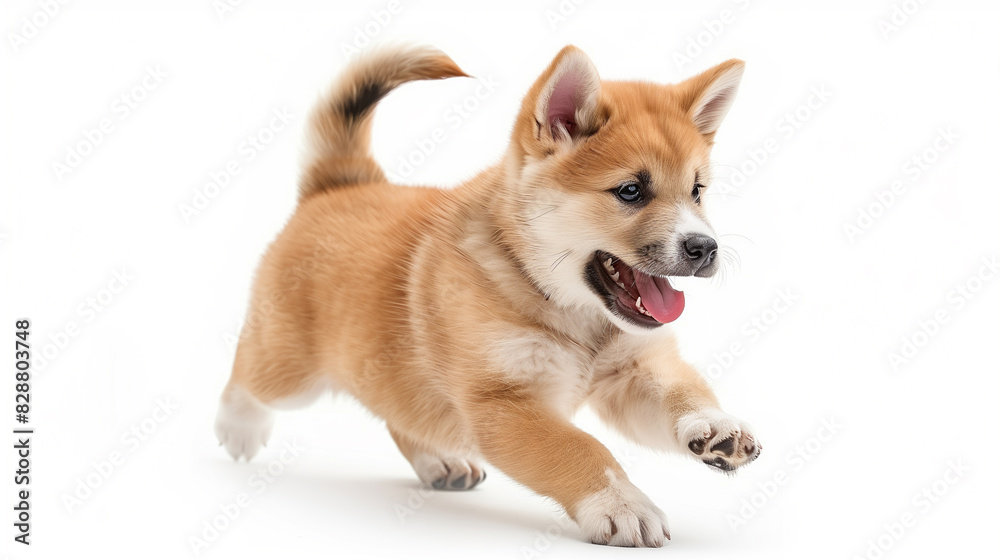 Akita Inu puppy in a full-body pose, looking forward and running playfully with a happy expression, on white background.