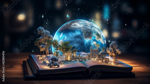 An open magic book with big tree, Digital graphic innovation book depicting modern architecture city of dreams