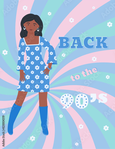 A4 poster with a girl in a retro-style dress. 90 characters. y2k characters. Fashion of the 90s.