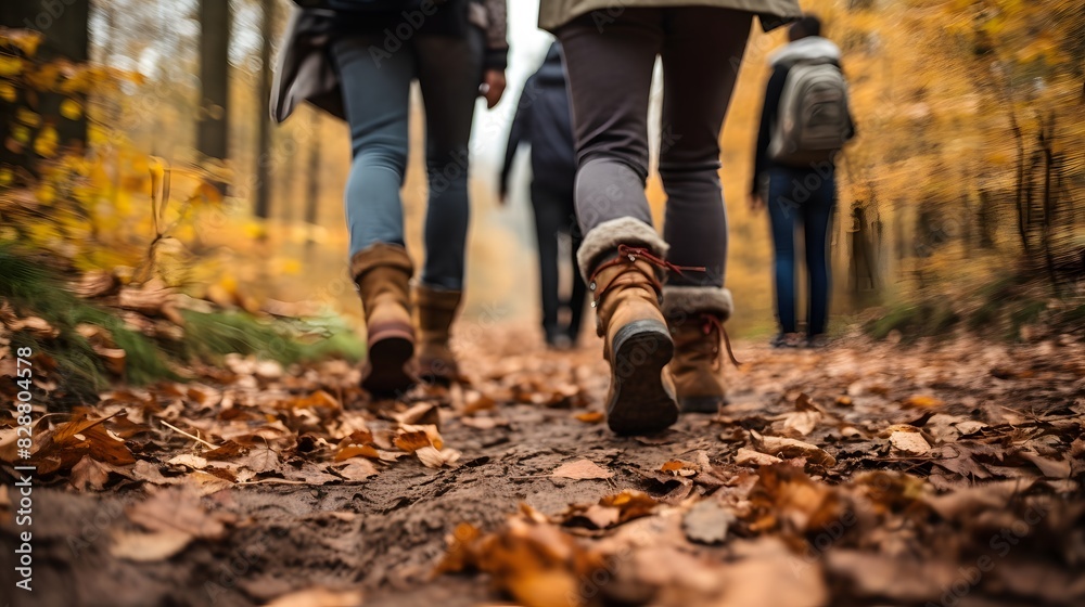Close up of people walking in autumn forest, blurred background. Generative AI. Close up of people walking in autumn forest, blurred background. Generative AI.