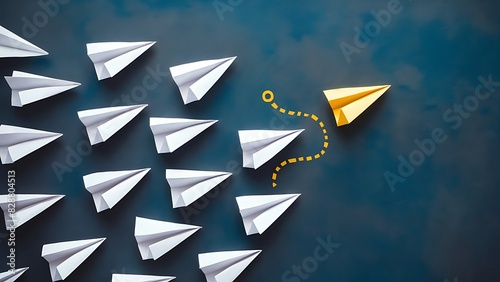 standout colored paper plane defying conformity among white planes courage determination
