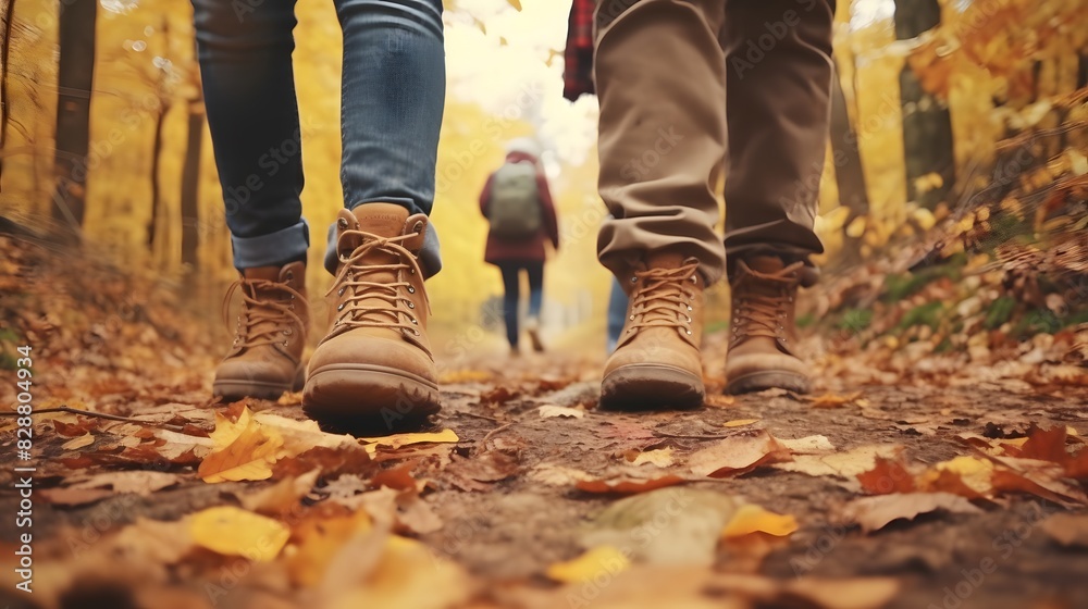 Close up of people walking in autumn forest, blurred background. Generative AI. Close up of people walking in autumn forest, blurred background. Generative AI.