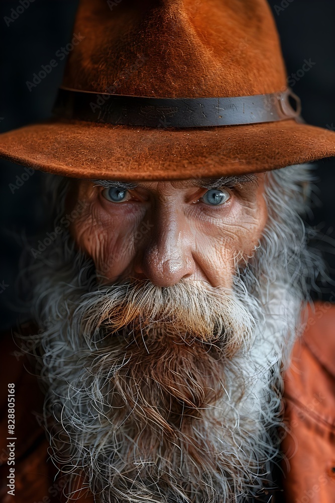 An old man with a long beard and brown hat, black background An old man with a long beard and brown hat, black background