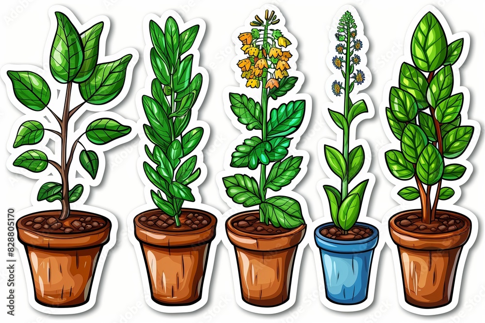 Colorful botanical illustration showcasing a variety of potted plants, ideal for educational and decorative purposes Colorful botanical illustration showcasing a variety of potted plants, ideal for educational and decorative purposes