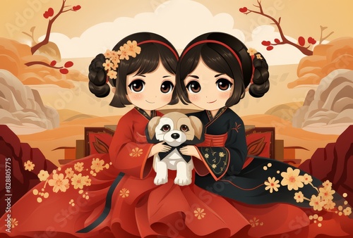 Chinese Twin Girls in Traditional Clothing with Small Dog on Red Cloud