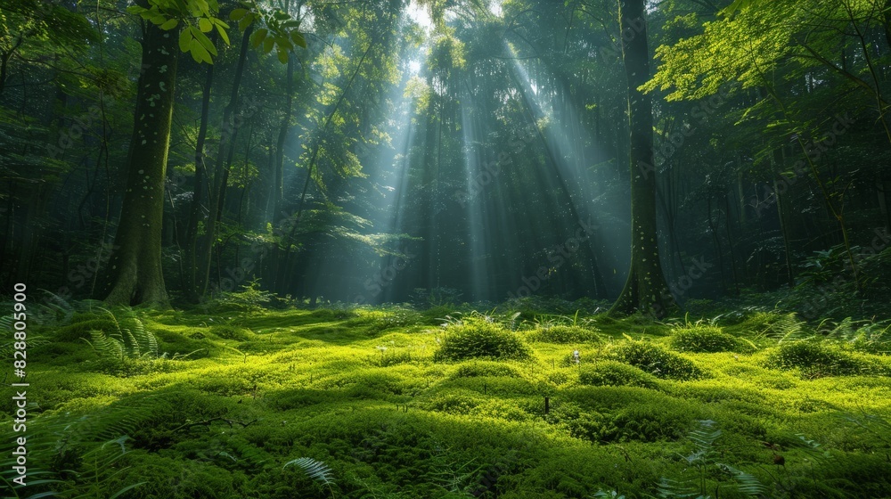 Majestic Forest: towering trees, a soft carpet of moss, and beams of sunlight filtering through the canopy. Emphasize the tranquility and timelessness of nature.