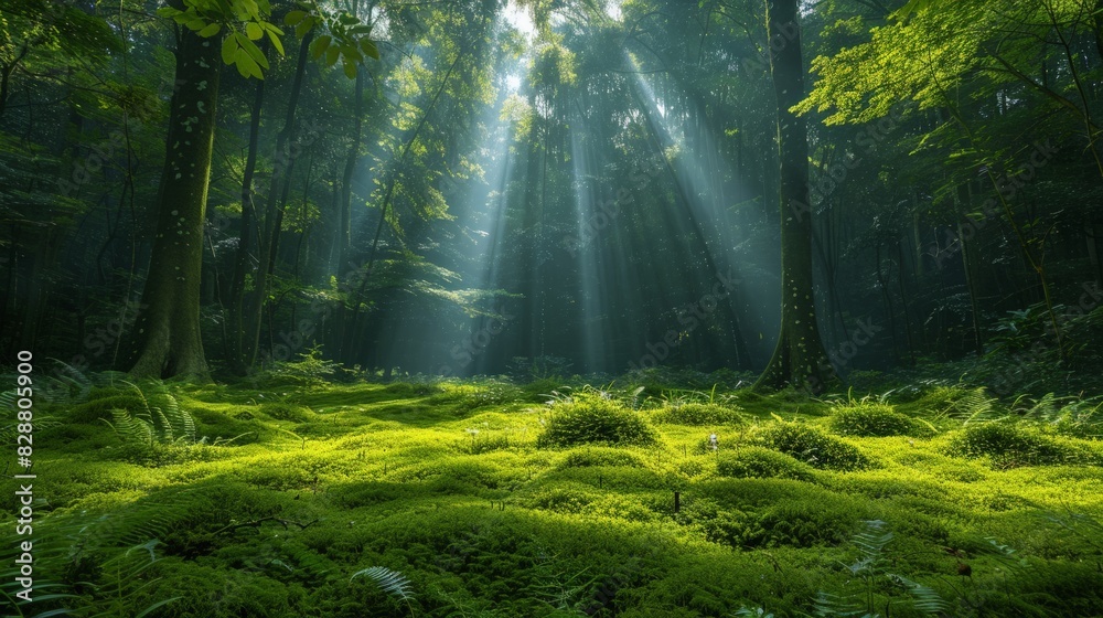 Obraz premium Majestic Forest: towering trees, a soft carpet of moss, and beams of sunlight filtering through the canopy. Emphasize the tranquility and timelessness of nature.