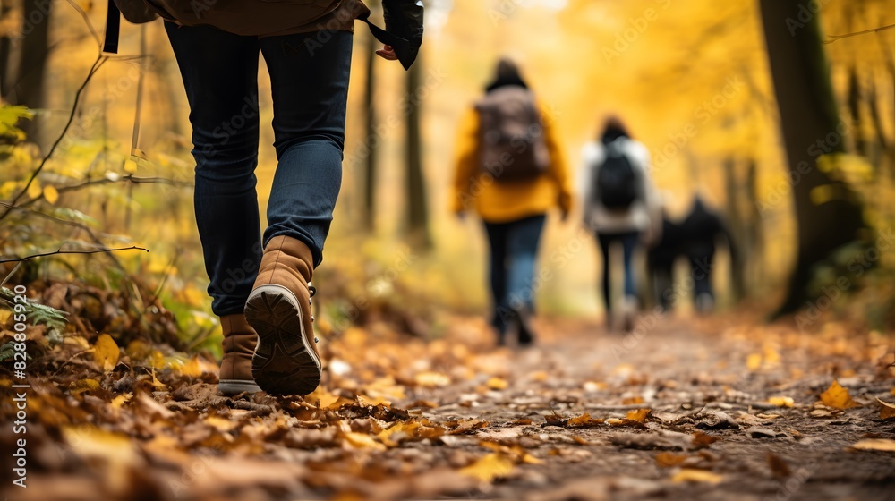 Close up of people walking in autumn forest, blurred background. Generative AI. Close up of people walking in autumn forest, blurred background. Generative AI.