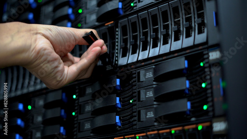 Close-up of a technician's hand replacing or adjusting a hard drive in a server rack at a data center.   photo