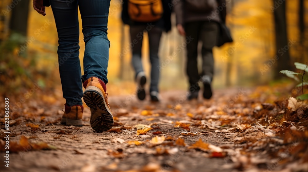 Close up of people walking in autumn forest, blurred background. Generative AI. Close up of people walking in autumn forest, blurred background. Generative AI.