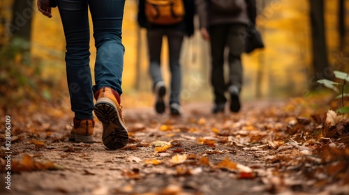 Close up of people walking in autumn forest  blurred background. Generative AI.