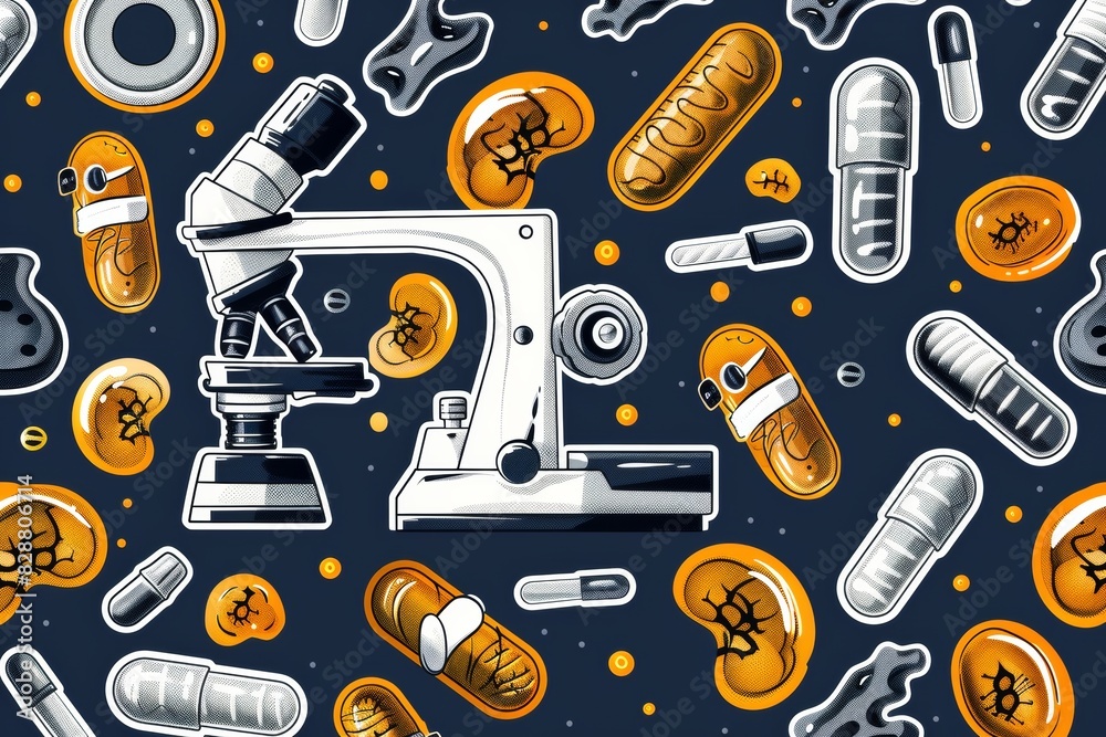 Vibrant pattern of scientific equipment and molecules, ideal for educational and scientific content Vibrant pattern of scientific equipment and molecules, ideal for educational and scientific content
