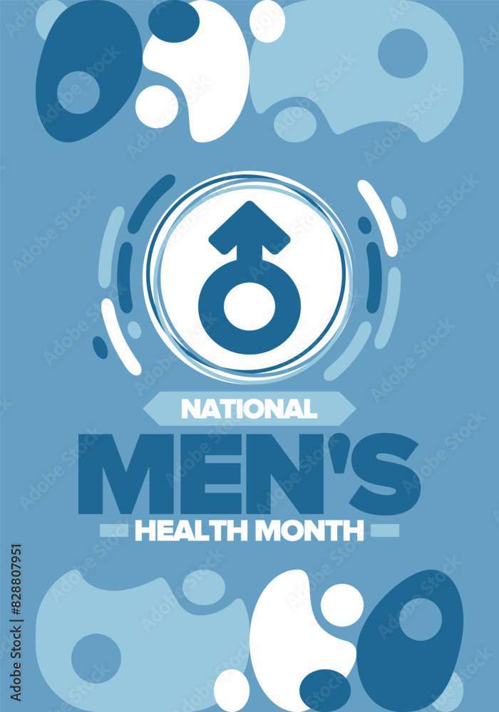 Obraz premium National Men's Health Month in June. Celebrated in United States. Educational program that teaches you how to work on your body. Healthy eating, exercise and disease prevention. Medical vector poster